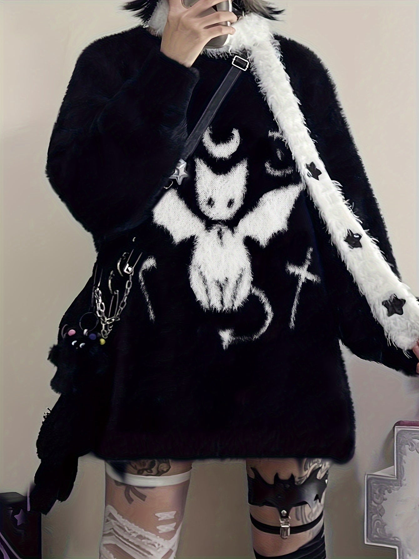 Cute Cat Pattern Plush Pullover Sweater, Casual Long Sleeve Loose Cozy Sweater, Women's Clothing