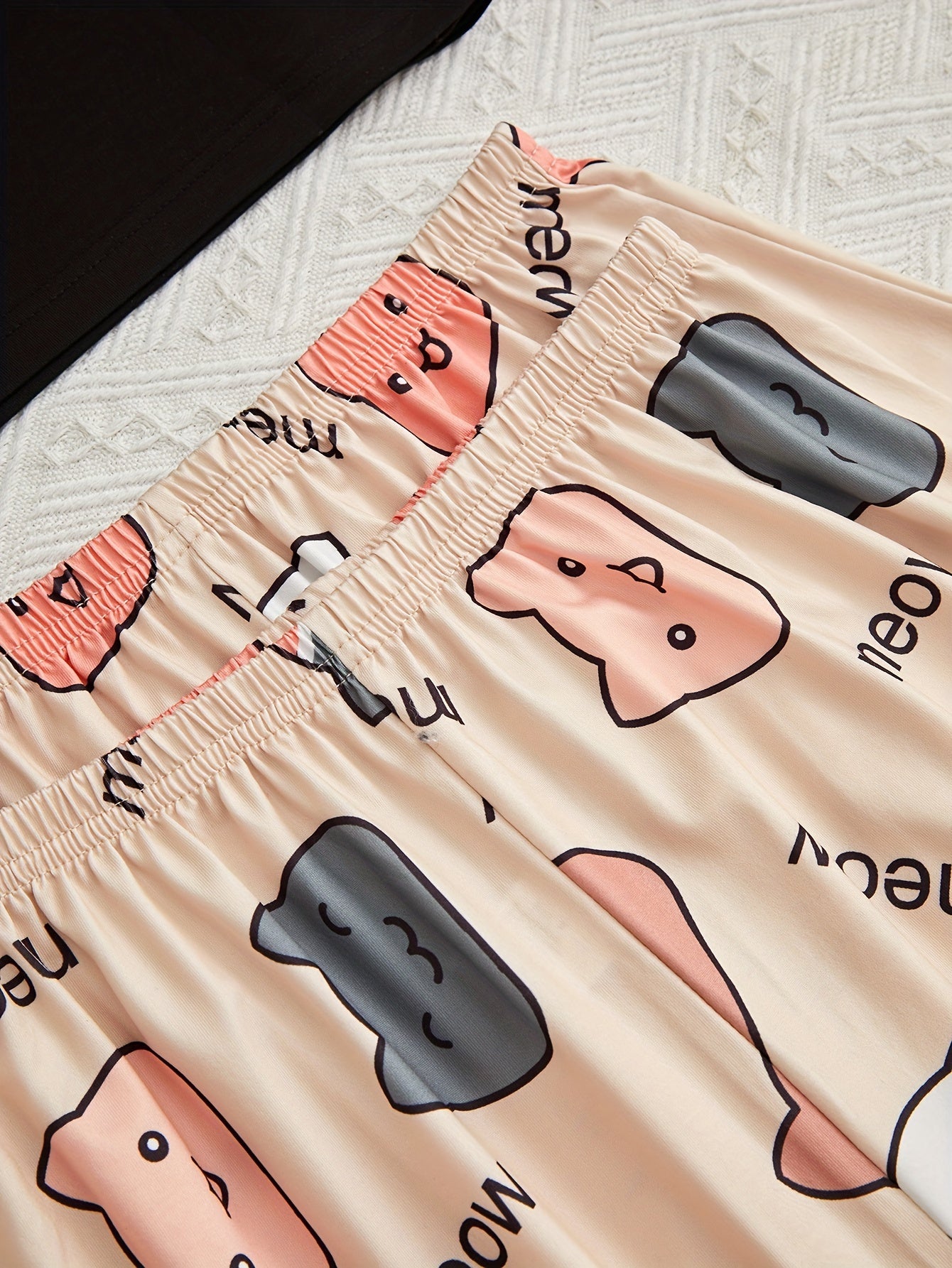 Cartoon Cat & Letter Print Pajama Set, Short Sleeve Crew Neck Top & Shorts & Pants, Women's Sleepwear & Loungewear