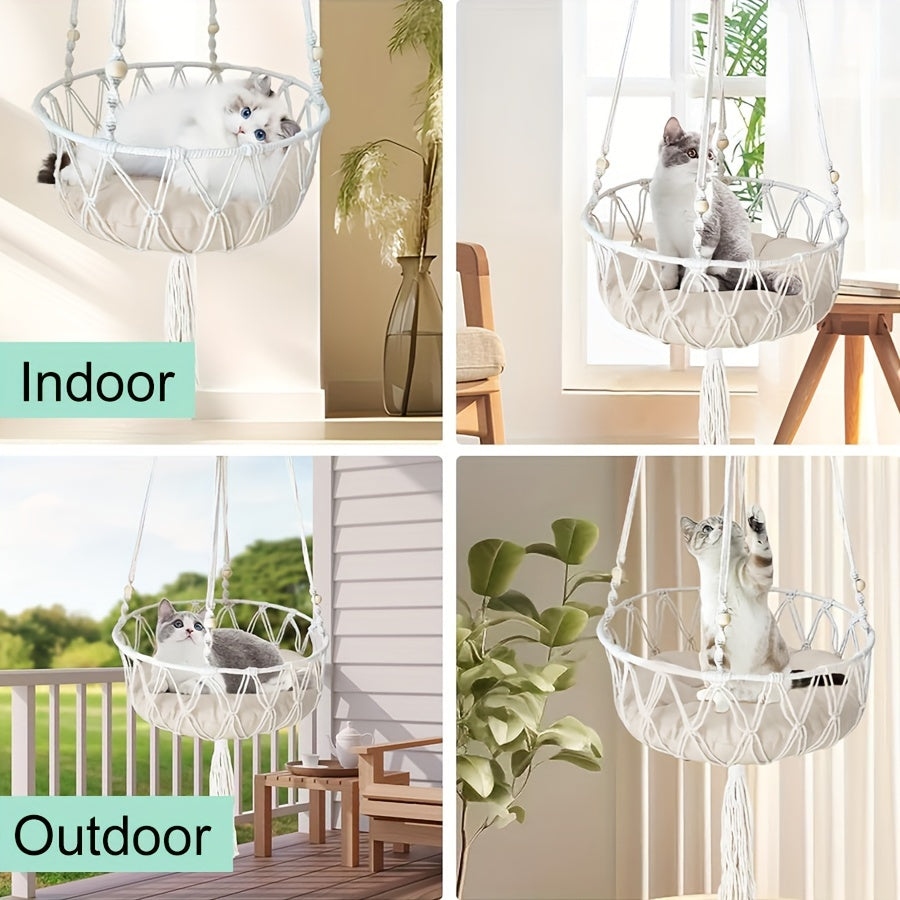 [Elegant Cat Hammock Basket] Handmade Woven Cat Hammock Basket - 1pc Soft All-Season Pet Swing with Checkered Cushion, Light Beige-Friendly Design, Easy Assembly for Indoor/Outdoor Use, Perfect Halloween Gift for Cats & Small