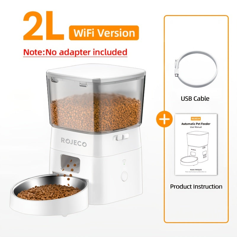ROJECO Automatic Cat Feeder, 2L/68oz WiFi Automatic Cat Food Dispenser With App Control, Timed Cat Feeder With Stainless Steel Bowl & Dual Power Supply, 1-6 Meals, No Adapter Included
