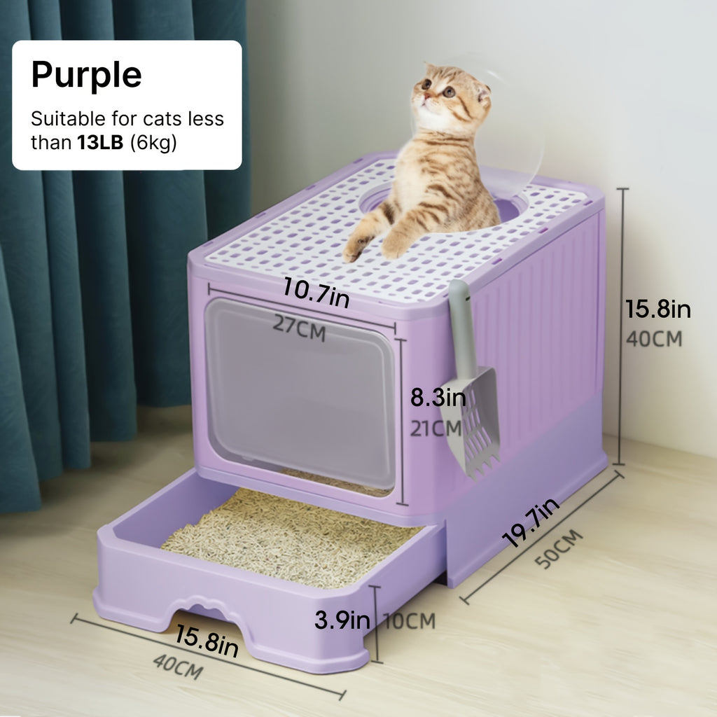 Fully Enclosed Cat Litter Box With Lid, Foldable Anti-Splashing Cat Litter Drawer With Front Flap Door And Toy Entry, Cat Toilet For Indoor Cats