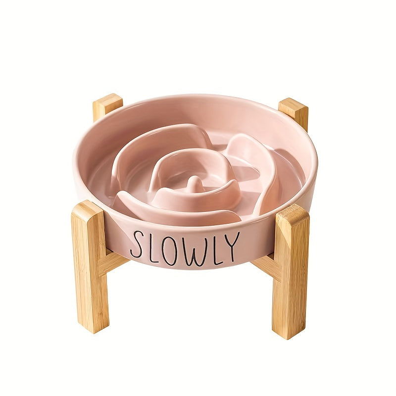 Elevated Cat Bowl, Ceramic Slow Feeder Cat Puzzle Food Bowl Water Bowl With Wooden Stand, Anti-choking Raised Dog Cat Basin To Slow Down Eating
