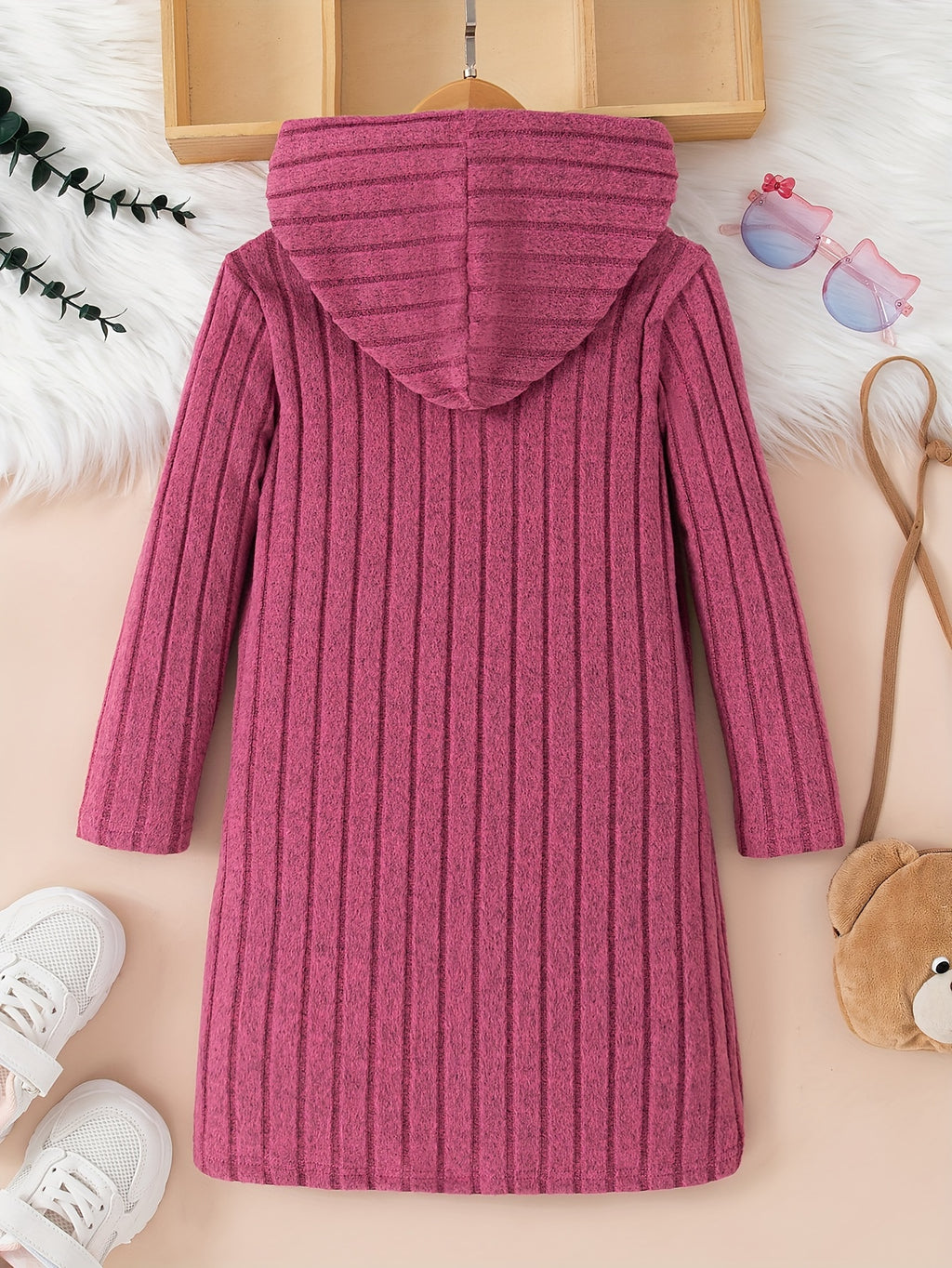 Girls Cat Pattern Knitted Long Sleeve Hooded Dress For Spring Fall Outdoor Activities