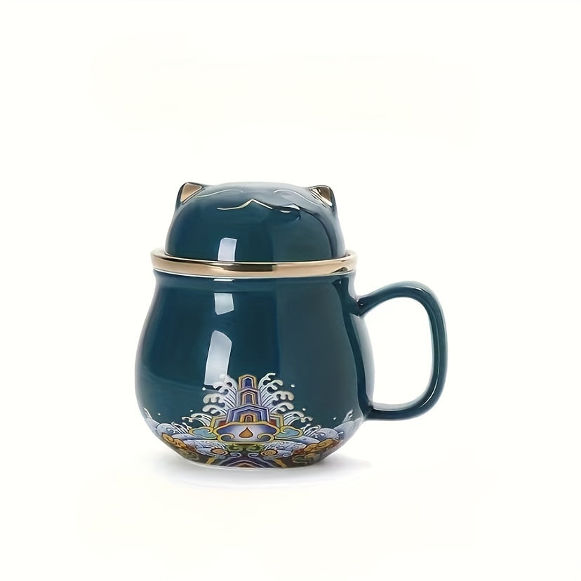 1pc Whimsical Chinese Style Lucky Cat Ceramic Tea Mug - Infused with Tea Infuser and Lid, Perfect for Summer and Winter Drinks, Unique Birthday, Holiday, Christmas, and New Year Gift Idea