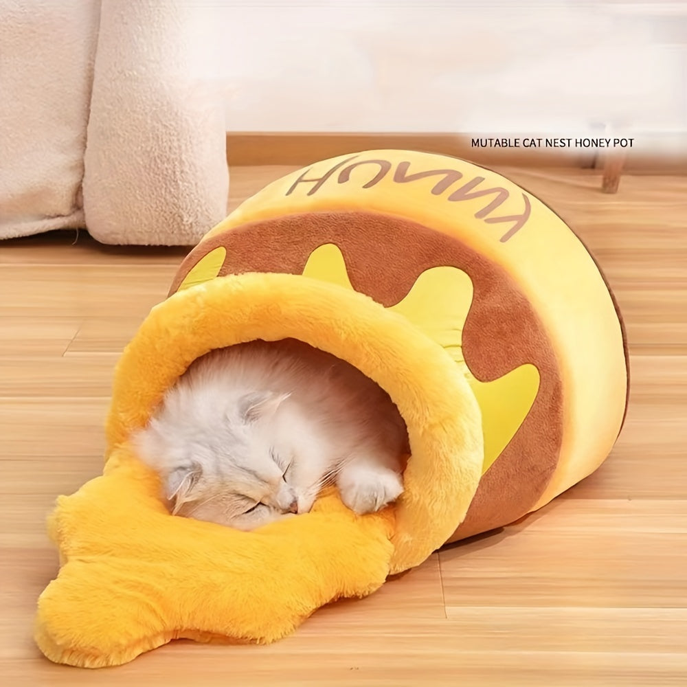 Cozy Semi-Enclosed Thermal Soft Pet Cave Nest - Honey Pot Design Cat Bed with Removable Cushion Mat for Indoor Cats and Dogs
