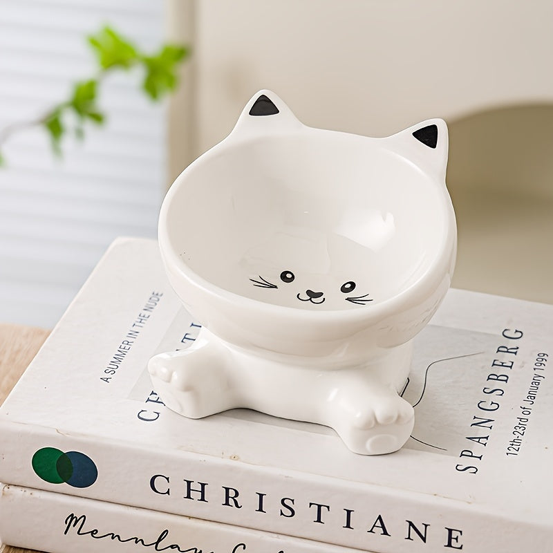 Adorable Cartoon Cat Ceramic Bowl - Elevated, Anti-Spill & Neck Supportive - Tilted Design for Healthy Feeding, Ideal Cat Water Dish