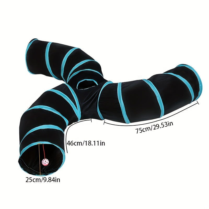 Large Collapsible Cat Tunnel with Play Ball & Interactive Peek Holes - Multi-Level Tunnel System for Indoor Cats, Kittens, Small Dogs - Heavy-Duty Tube with Blue Piping, Portable Hideout for Play & (Easy Assembly