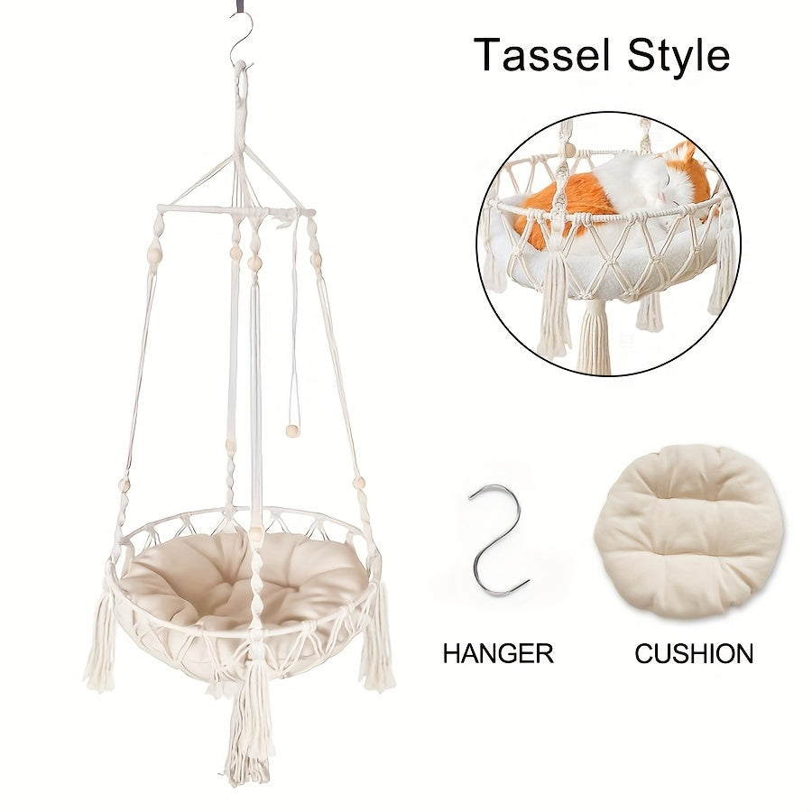 [Elegant Cat Hammock Basket] Handmade Woven Cat Hammock Basket - 1pc Soft All-Season Pet Swing with Checkered Cushion, Light Beige-Friendly Design, Easy Assembly for Indoor/Outdoor Use, Perfect Halloween Gift for Cats & Small