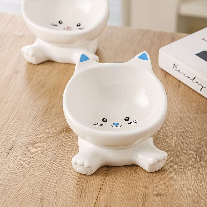 Adorable Cartoon Cat Ceramic Bowl - Elevated, Anti-Spill & Neck Supportive - Tilted Design for Healthy Feeding, Ideal Cat Water Dish