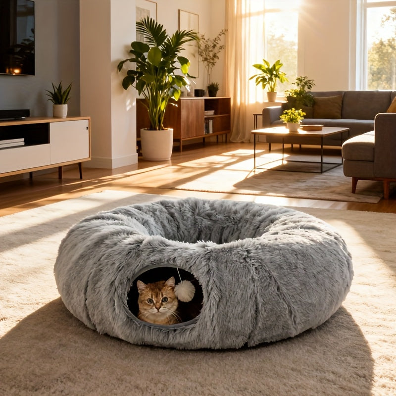 Plush 2in1 Cat Tunnel Bed | Winter Warm Donut-Style Cozy Nest with Enclosed Hideaway, Peekaboo Hole & Hanging Pom Pom Toy, Extra Thick Soft Pet Bed for Anxiety Relief and Deep Sleep, Non Slip Bottom, Perfect for Multi Cat Pla