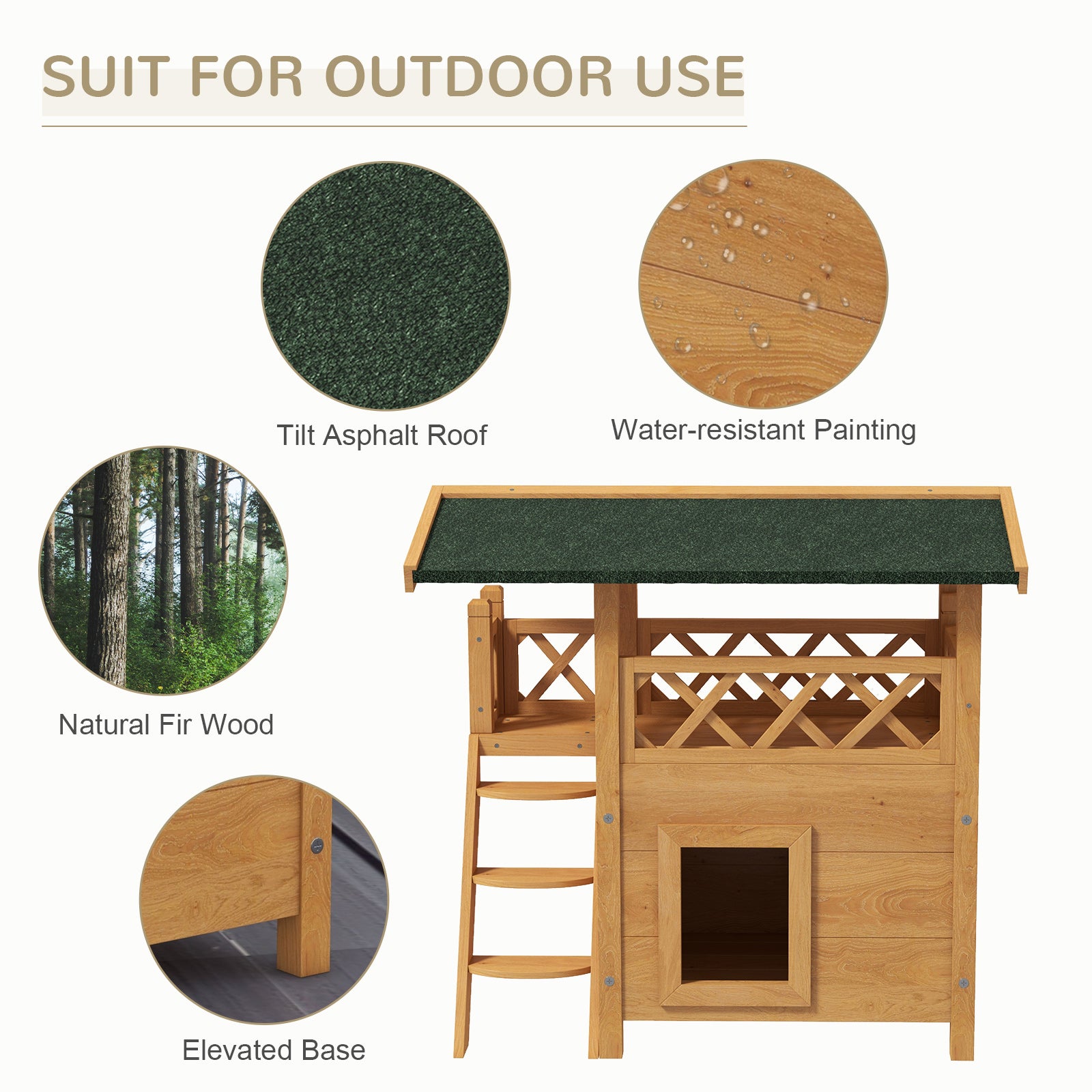 Outdoor Cat House Kitten Shelter Puppy Kennel with Balcony Stairs Asphalt Roof, 77 x 50 x 73 cm