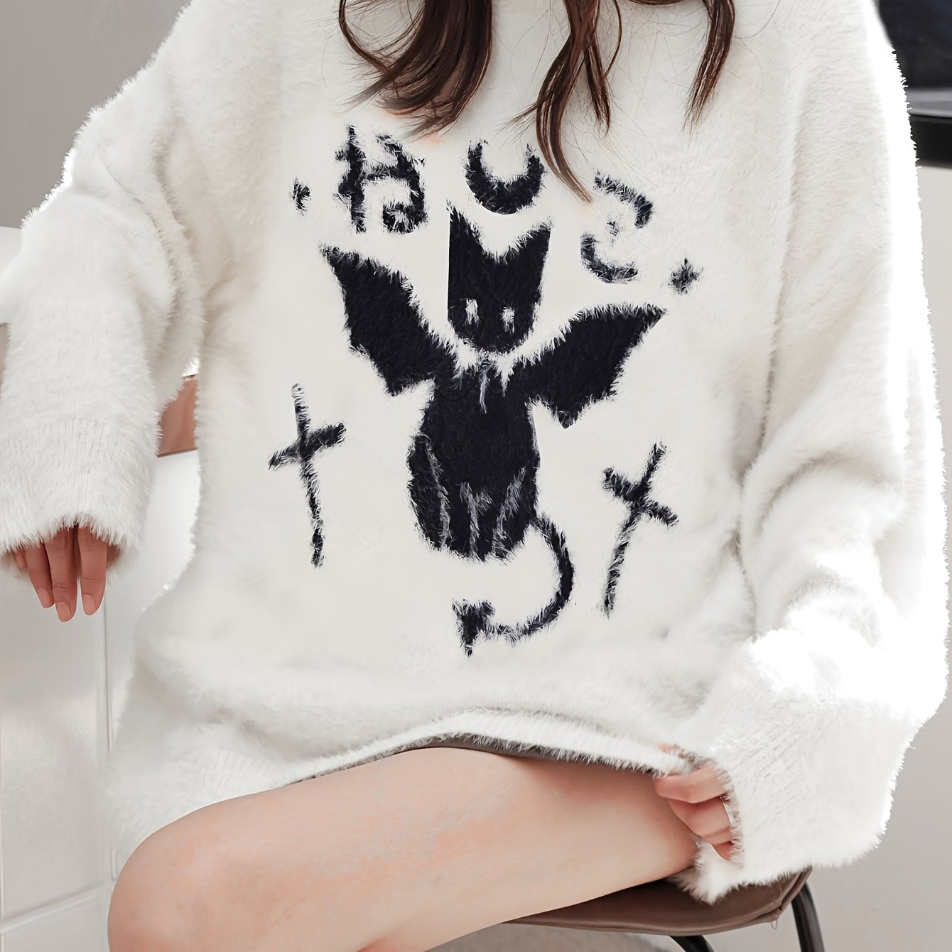 Cute Cat Pattern Plush Pullover Sweater, Casual Long Sleeve Loose Cozy Sweater, Women's Clothing