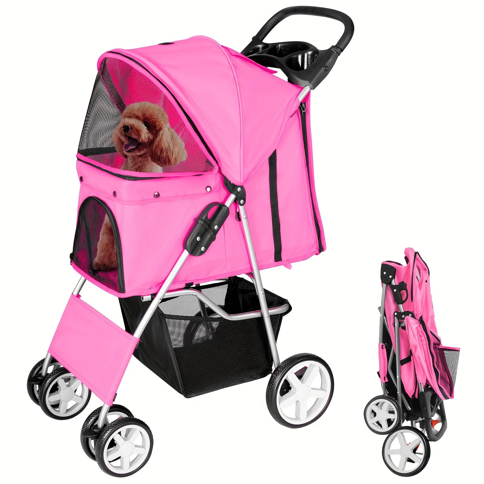 Foldable Pet Stroller SP02, Dual-Hand Collapsible, Oxford Fabric Material, Breathable Mesh Window, Lightweight With Storage Basket, For Dogs And Cats, Red/Pink Options
