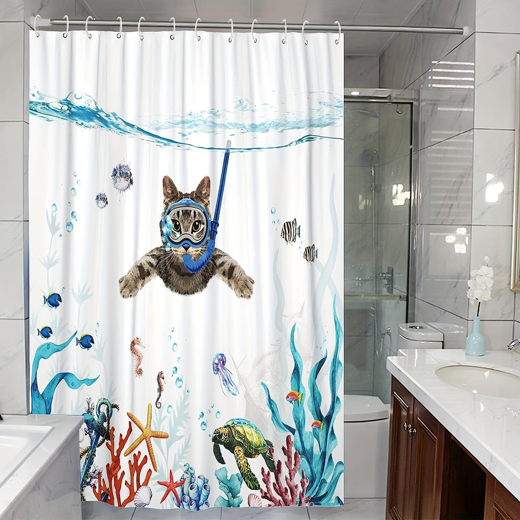 1pc Funny Cat Shower Curtain - Teal Blue Sea Ocean Waterproof Fabric Shower Curtains, Animal Octopus Starfish Turtle Anchor Fish Nautical Bathroom Curtain - For Bathroom Decor - Suitable for All Bathroom Sizes - Perfect Gift