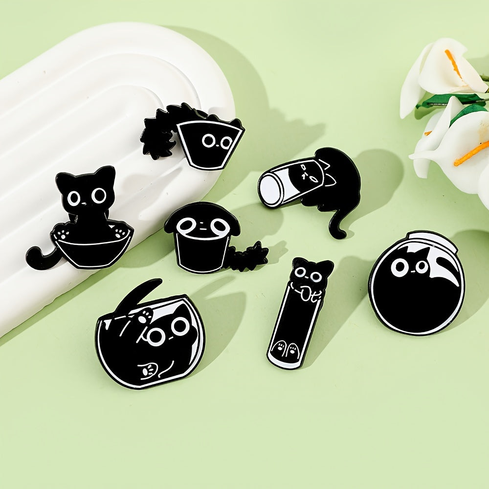 7pcs Black Cat Paint Badge Brooch Set Cute Lovely Alloy Brooch Jewelry Animal Theme Accessories