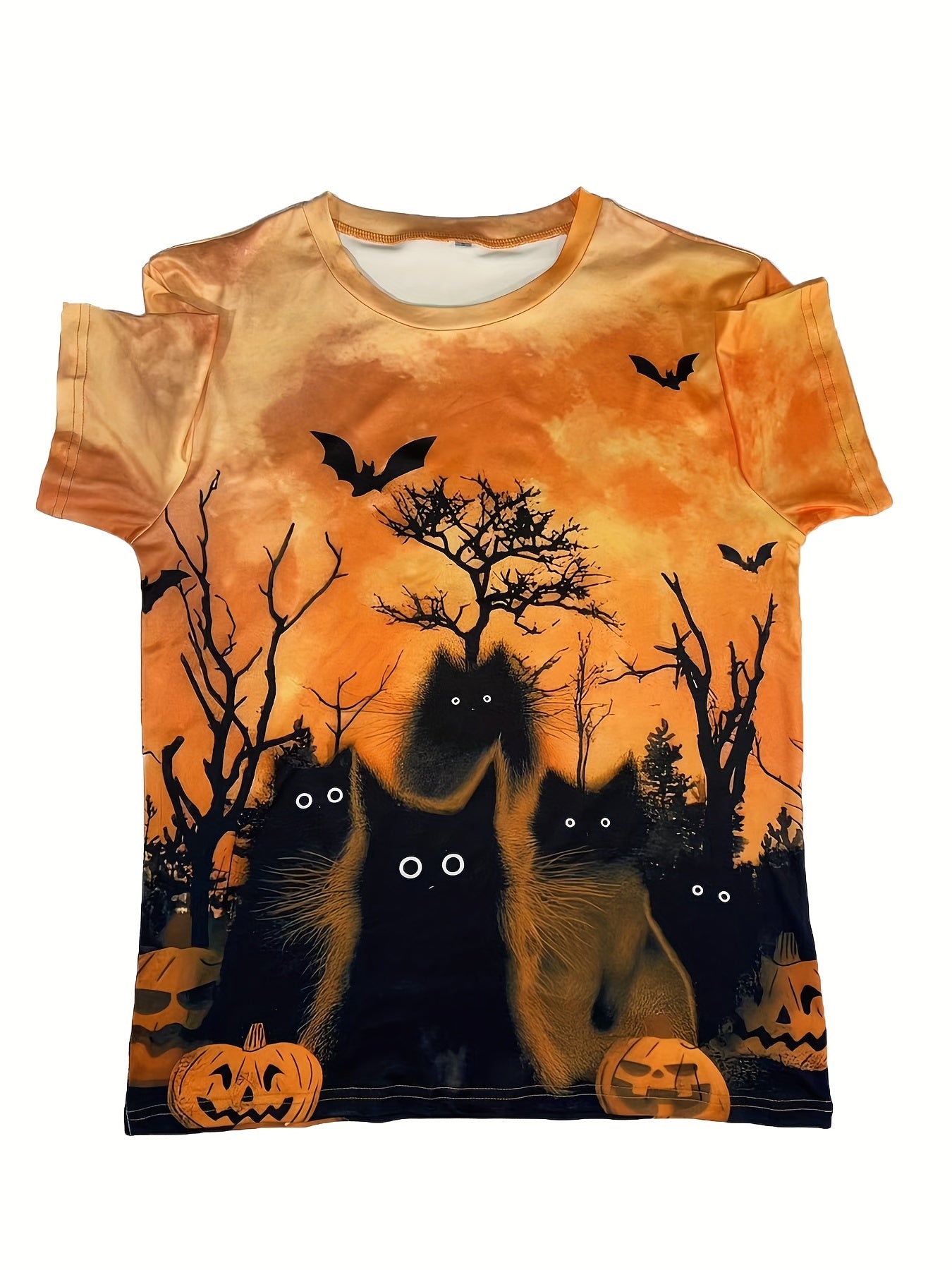 Short Sleeve Halloween Cat Print Crew Neck T-Shirt for Women, Casual Spring & Summer Top