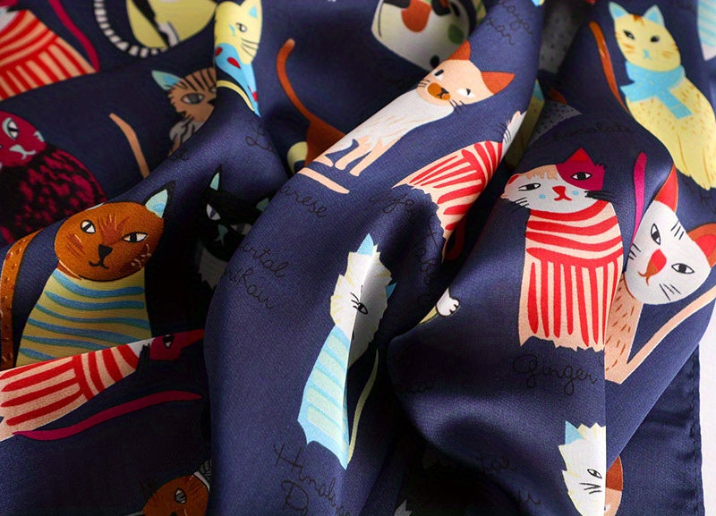 Cartoon Cat Pattern Polyester Square Scarf for Women, Cute Style, Decorative & Windproof, Breathable, Non-Elastic, with Hand Wash/Dry Clean for Parties