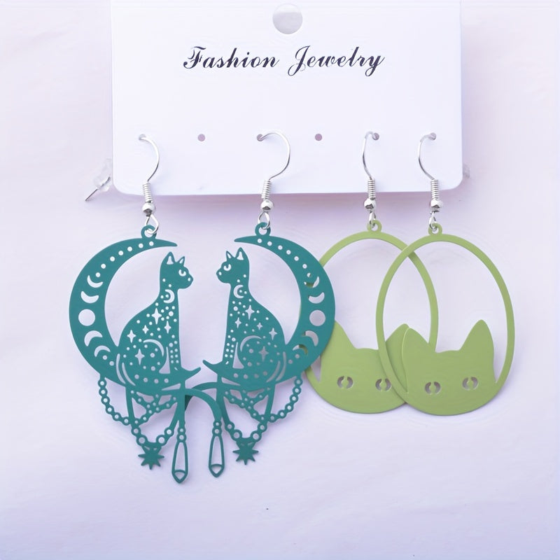 2 Pairs/Set Whimsical Black Cat Moon Hanging Pendant Earrings - Fashionable Golden Color Drop Earrings Jewelry with Lovely Animal Design - Ideal Gift Choice for Girls and Cat Lovers