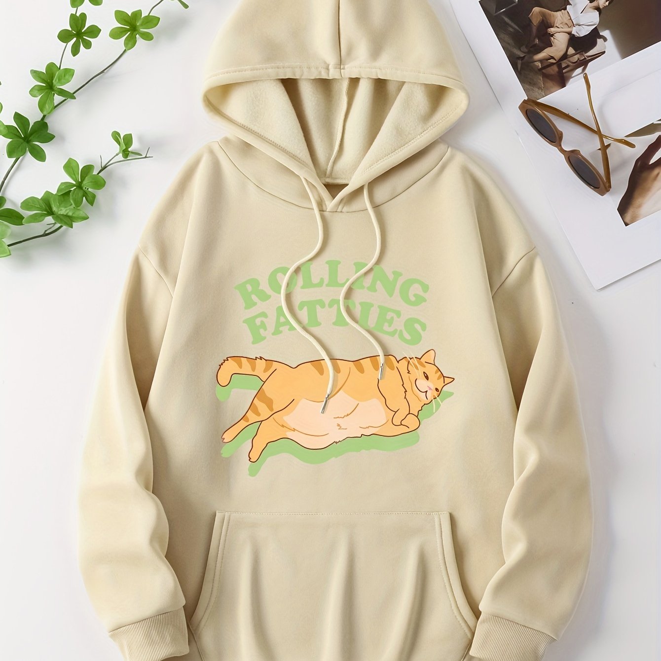 Cute Cat & Letter Print Drawstring Hoodie, Casual Long Sleeve Kangaroo Pocket Sweatshirt, Women's Clothing