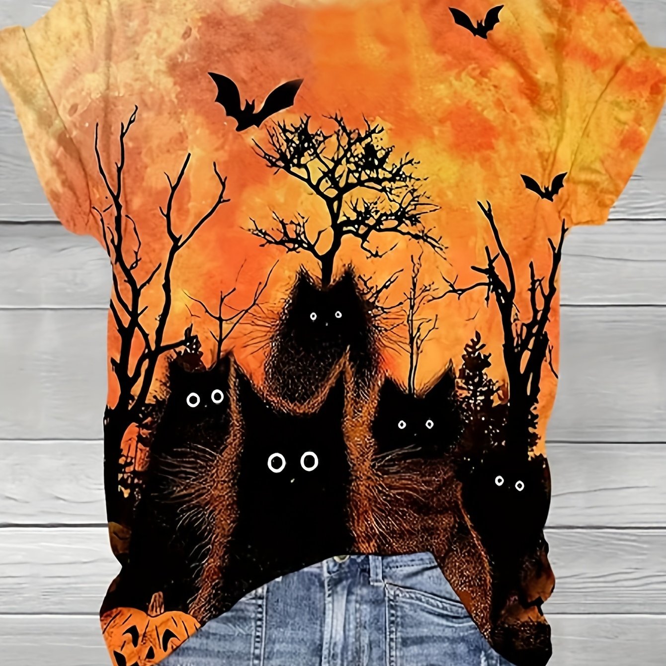 Short Sleeve Halloween Cat Print Crew Neck T-Shirt for Women, Casual Spring & Summer Top