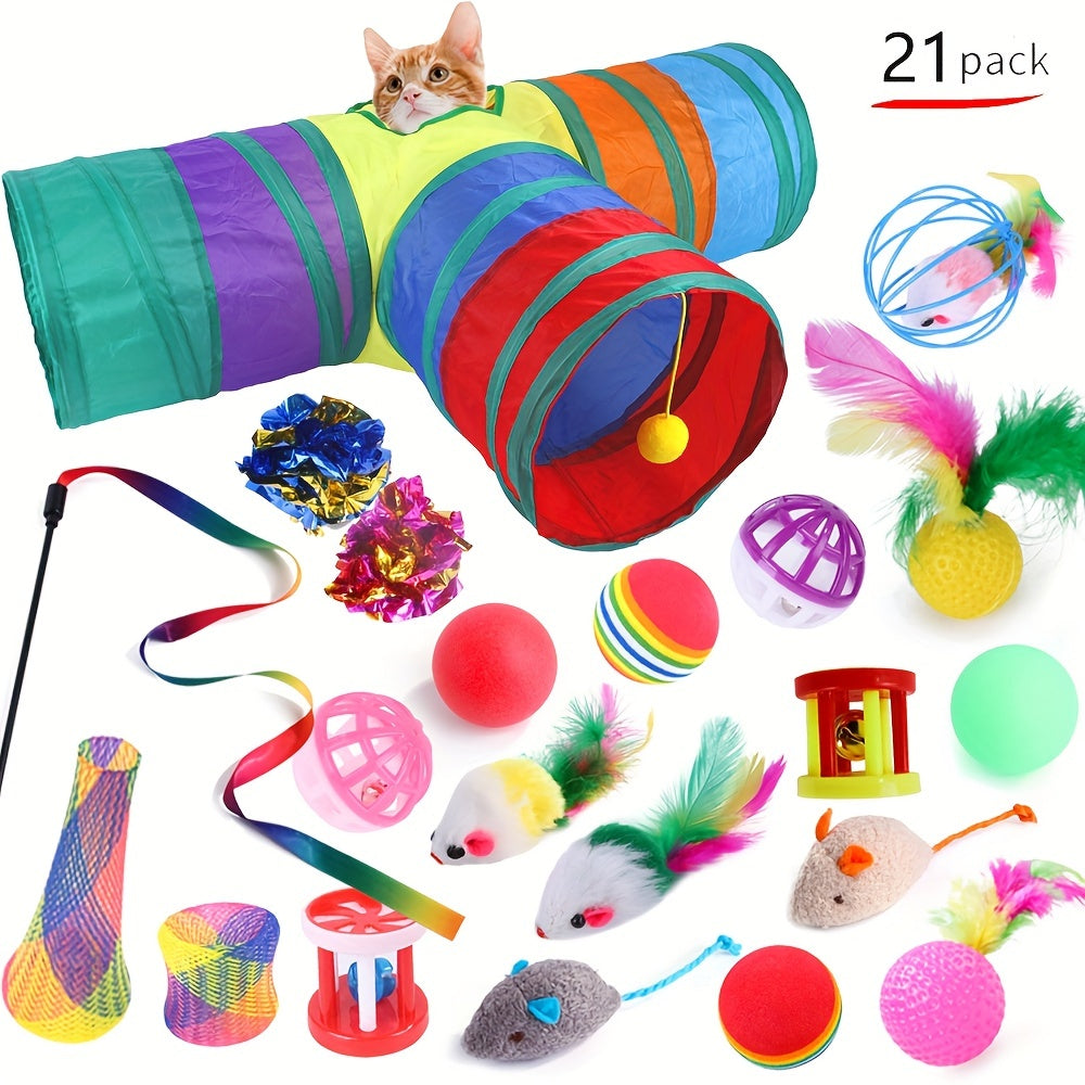 21pcs Part Random Colors Cat Toys Kitten Toys Set, Collapsible Cat Tunnels For Indoor Cats, Interactive Kitty Toys Cat Feather Toy Fluffy Mouse Crinkle Balls Cat 3 Way Tube Tunnel Toys For Cat