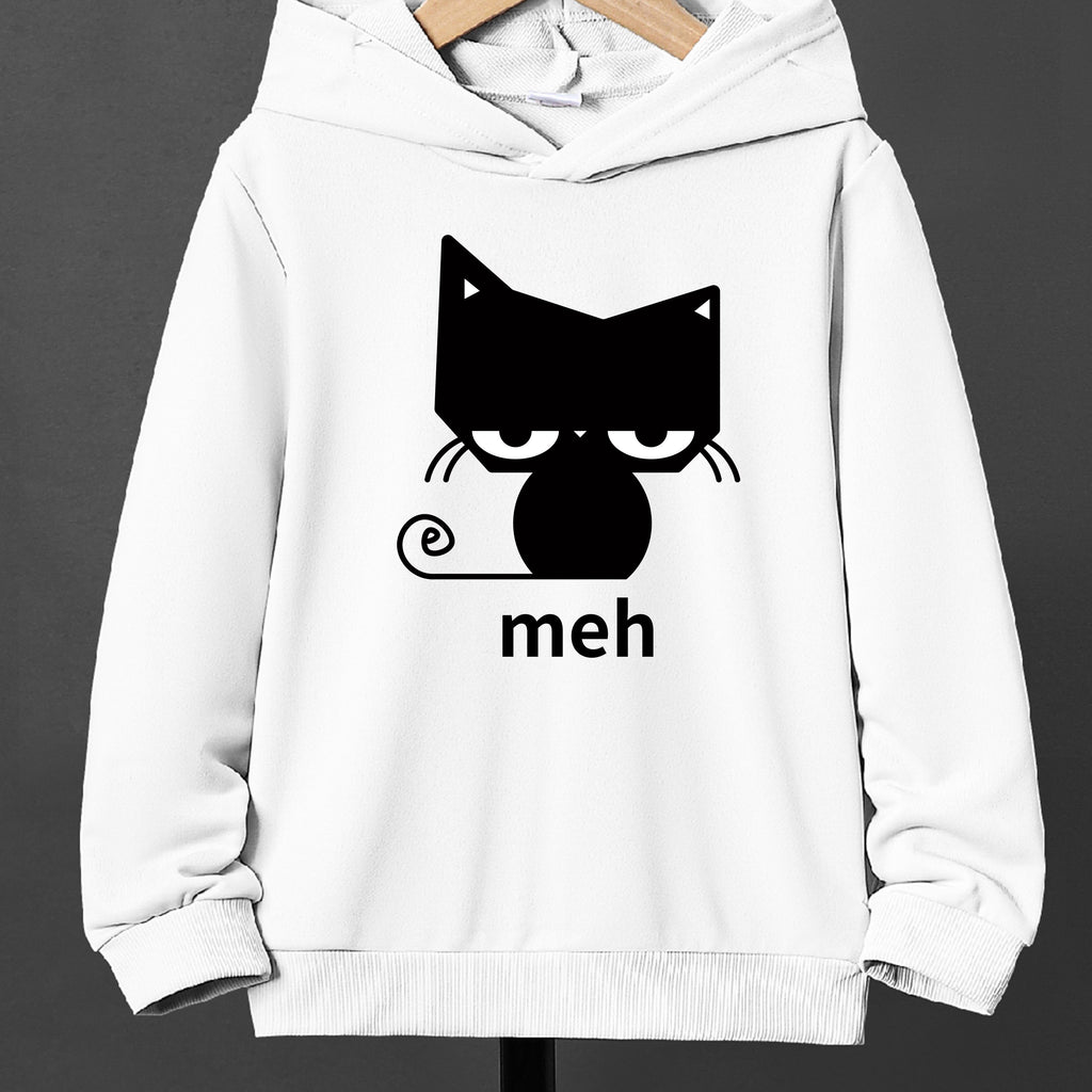Boys' Casual Cat Print Hoodie - Comfortable Loose-Fit Long Sleeve Pullover for Fall/Winter, Easy Care, Knit Fabric
