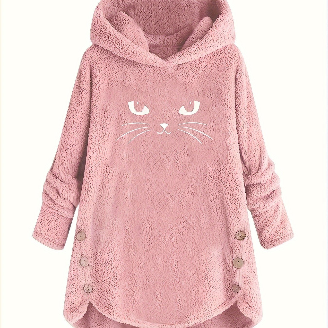 Cat Print Dipped Hem Plush Hoodie, Casual Long Sleeve Button Hoodie Sweatshirt, Women's Clothing
