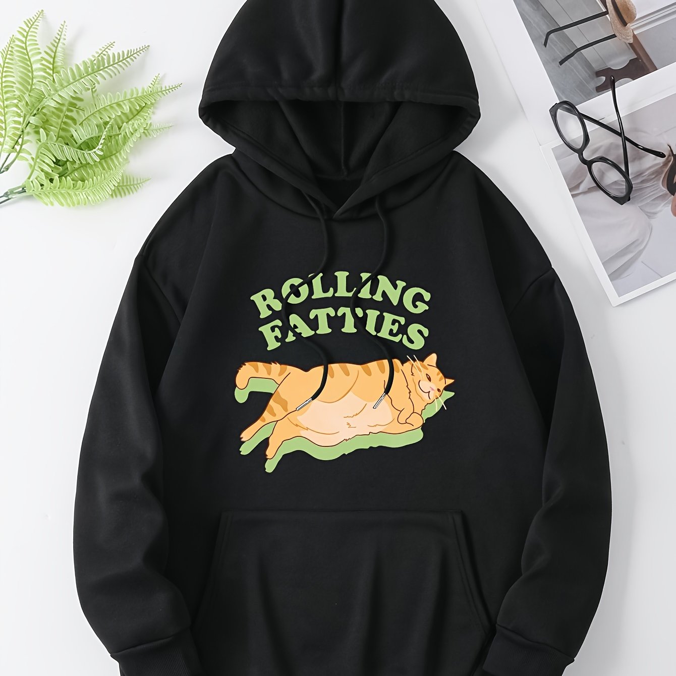Cute Cat & Letter Print Drawstring Hoodie, Casual Long Sleeve Kangaroo Pocket Sweatshirt, Women's Clothing