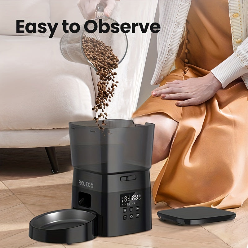ROJECO Automatic Cat Food Dispenser, 2L Auto Cat Feeder, Timed Cat Feeder Program 1-6 Meals Control, Automatic Cat Feeder With Stainless Steel Bowl & Dual Power Supply, Automatic Pet Feeder For Cats & Dogs, No Adapter Include