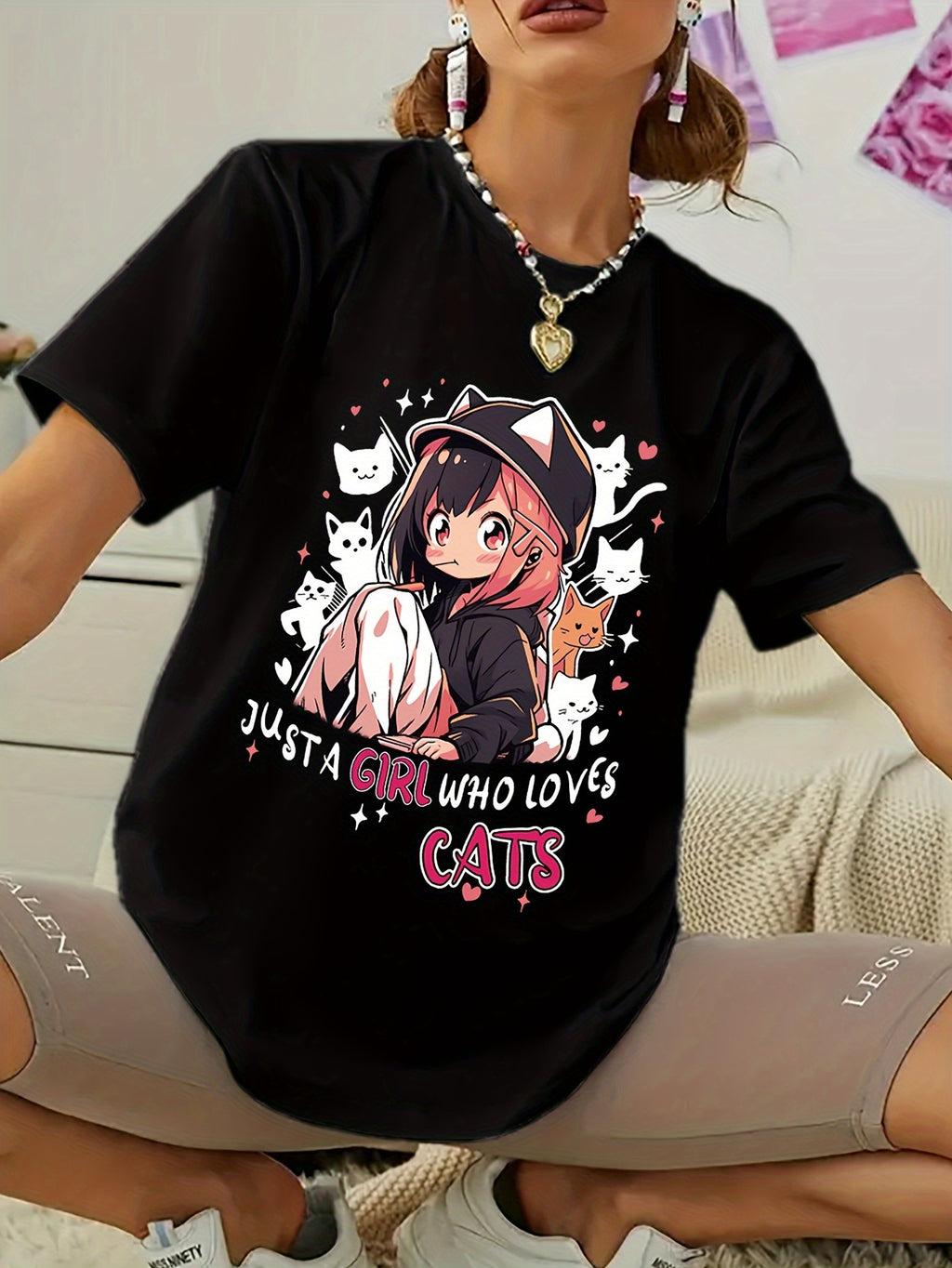 Women'S Anime Cat Lover Graphic T-Shirt - Black with Pink Lettering - Soft Stretchy Fabric Casual Everyday Tee - Cute Japanese Animation Shirt for Women - G7110, Allseason Apparel, Playful Design, Comfortable Fit, Streetwear