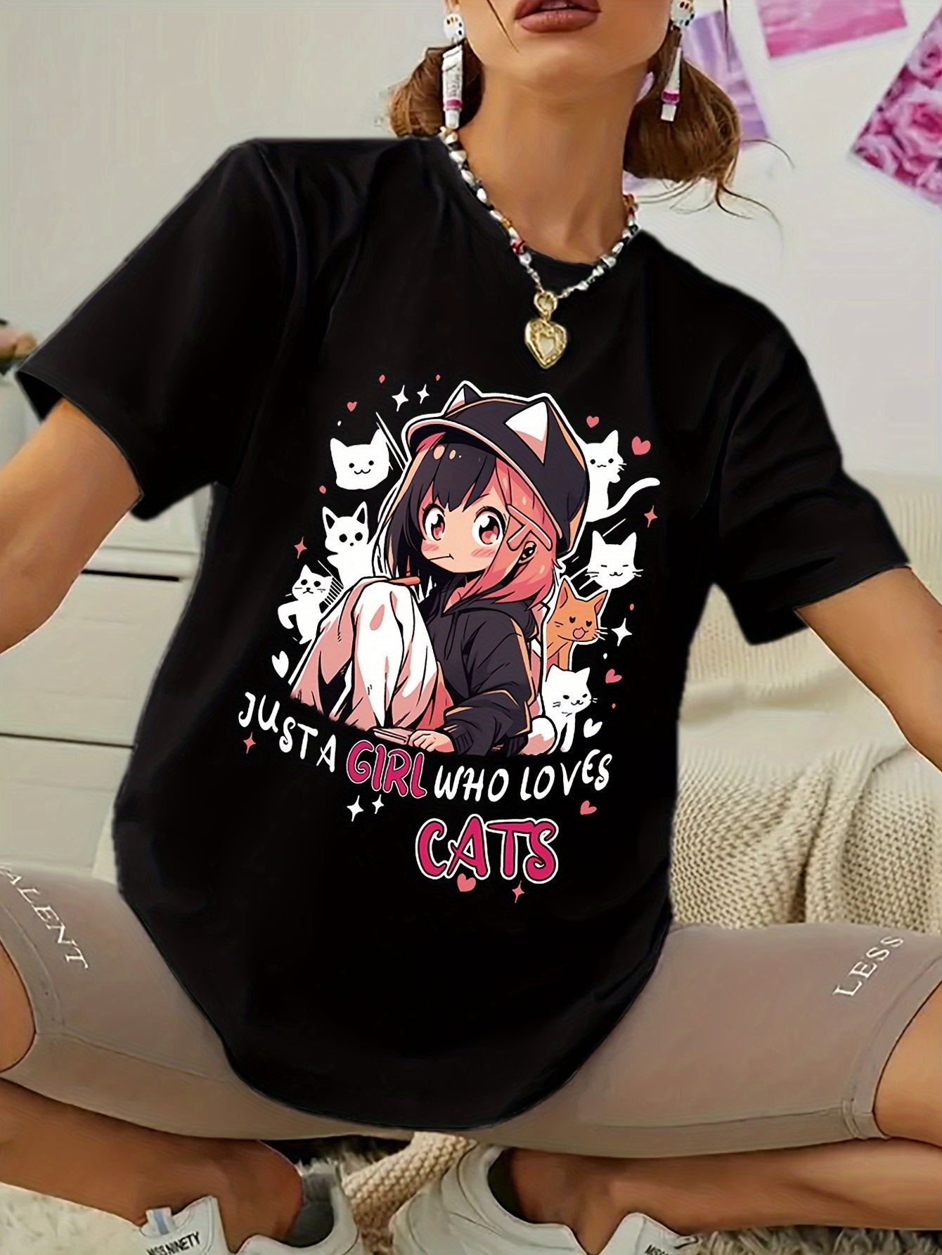 Women'S Anime Cat Lover Graphic T-Shirt - Black with Pink Lettering - Soft Stretchy Fabric Casual Everyday Tee - Cute Japanese Animation Shirt for Women - G7110, Allseason Apparel, Playful Design, Comfortable Fit, Streetwear