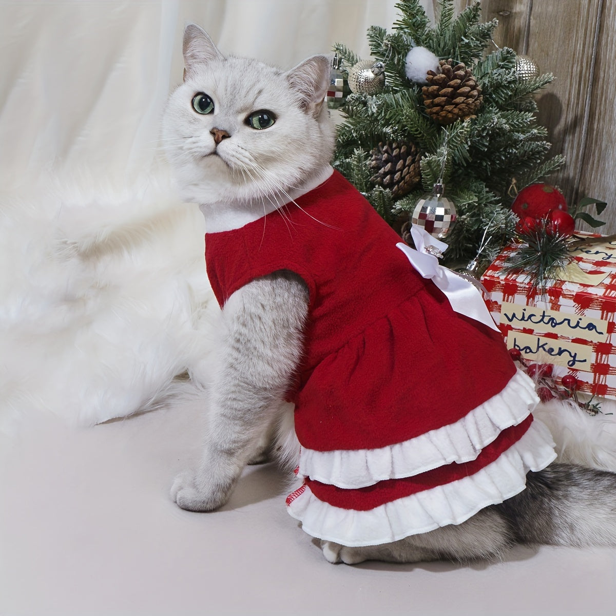 1pc Pet Cute Cake Dress, Warm Fleece Dog Cat Dress, Kitten Bow Skirt, Pet Autumn And Winter Costume For Christmas Party