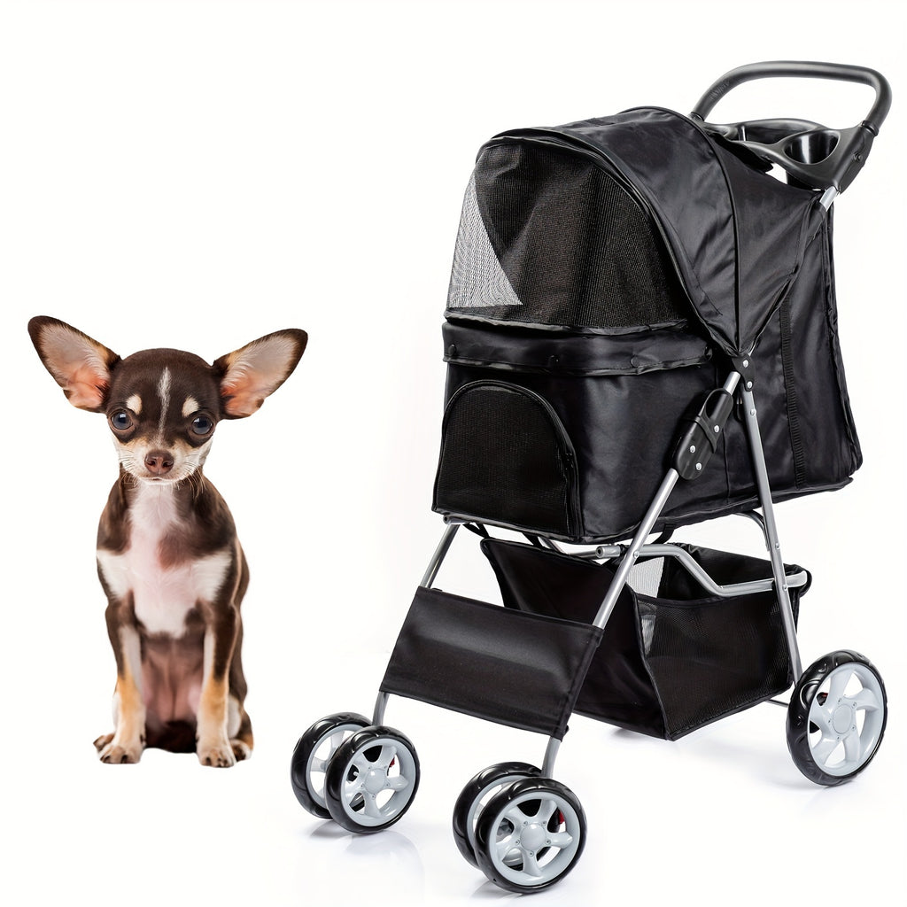 Foldable Pet Stroller SP02, Dual-Hand Collapsible, Oxford Fabric Material, Breathable Mesh Window, Lightweight With Storage Basket, For Dogs And Cats, Red/Pink Options