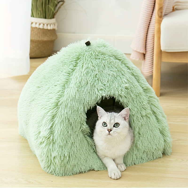 Long Plush Cozy Cat Cave Bed - Soft Polyester Pet House with Non-Slip Bottom, Removable Washable Pads & Arched Entrance Tunnel for Warmth & Comfort, Cute Hideout for Kittens & Cats, Pet Relaxation Space | Cute Cat Cave | Fluf