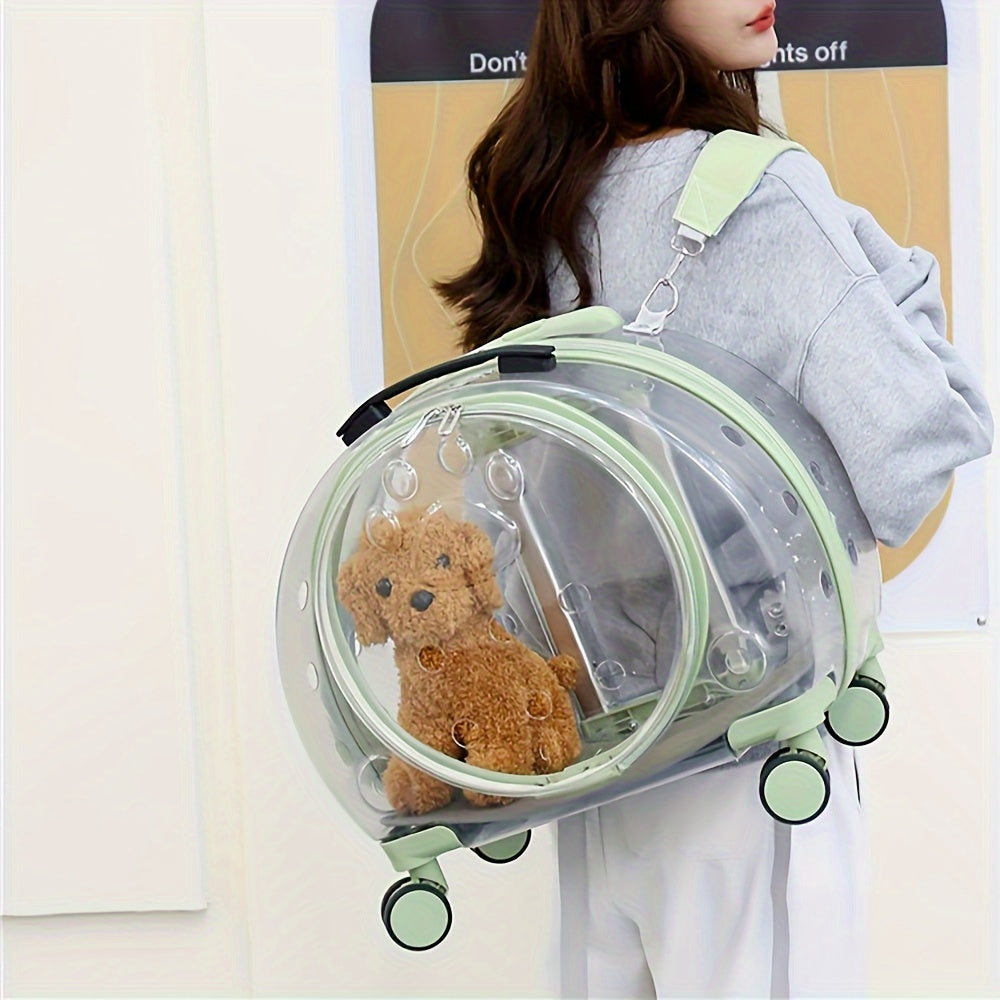 Large Capacity Transparent Pet Carrier with Wheels - Astronaut Capsule Backpack for Dogs & Cats, Portable Pull Rod Design
