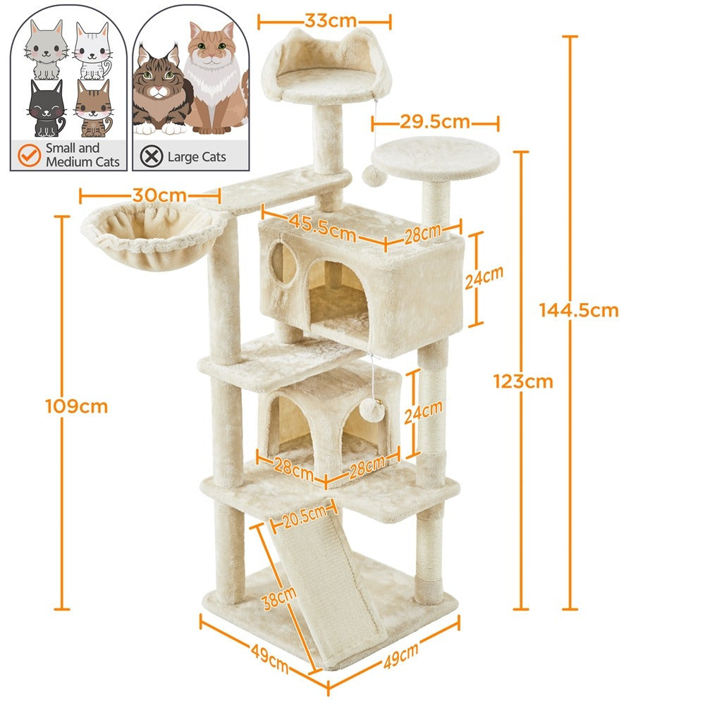 Costoffs Cat Tree, Cat Tree Tower, 145cm Multi-Level Cat Tree Tower with 2 Condos, Dangling Balls, Ladder, Sisal Scratching Posts, Round Platform, Cosy & Stable Indoor Cat Kitten Furniture, Activity Centre, Scratching Tree