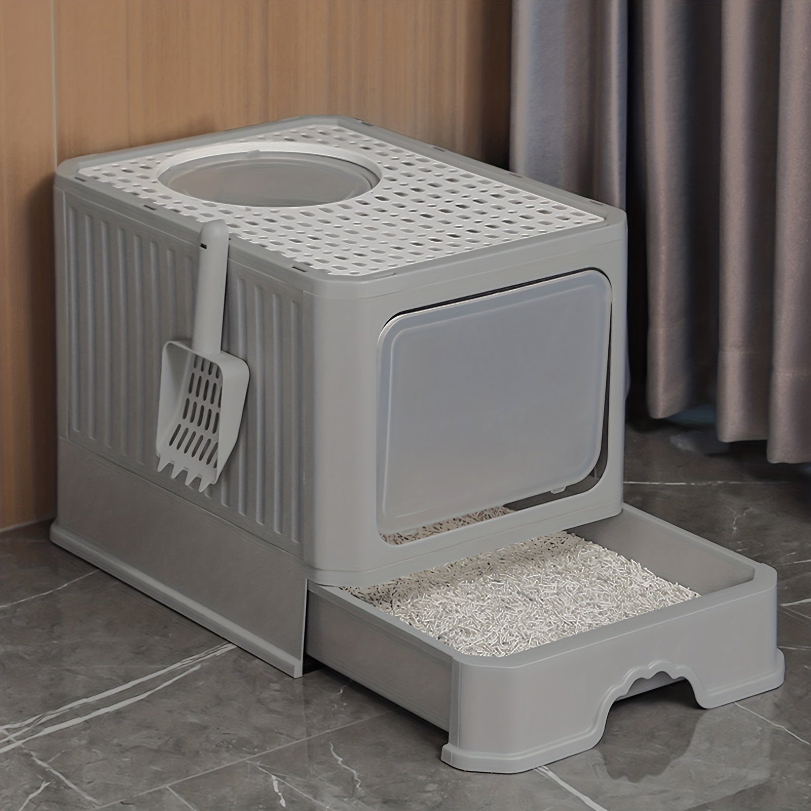 Fully Enclosed Cat Litter Box With Lid, Foldable Anti-Splashing Cat Litter Drawer With Front Flap Door And Toy Entry, Cat Toilet For Indoor Cats
