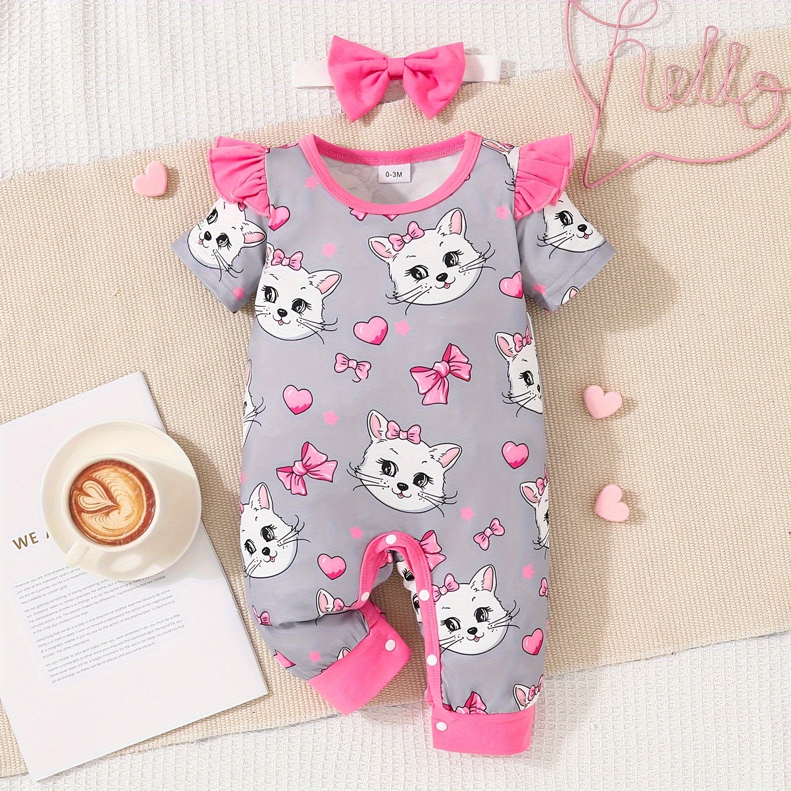 Newborn Baby Girls Cute Cartoon Cat Print Short-sleeved Comfortable Jumpsuit With Bow Headband Baby Summer Clothing