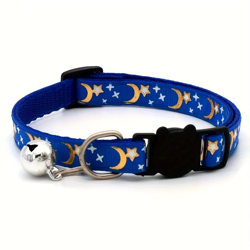 Stylish Adjustable Breakaway Cat Collar with Bell - Polyester Geometric Moon Star Pattern Necklace - Durable, Comfortable, and Safe for Your Feline Friend