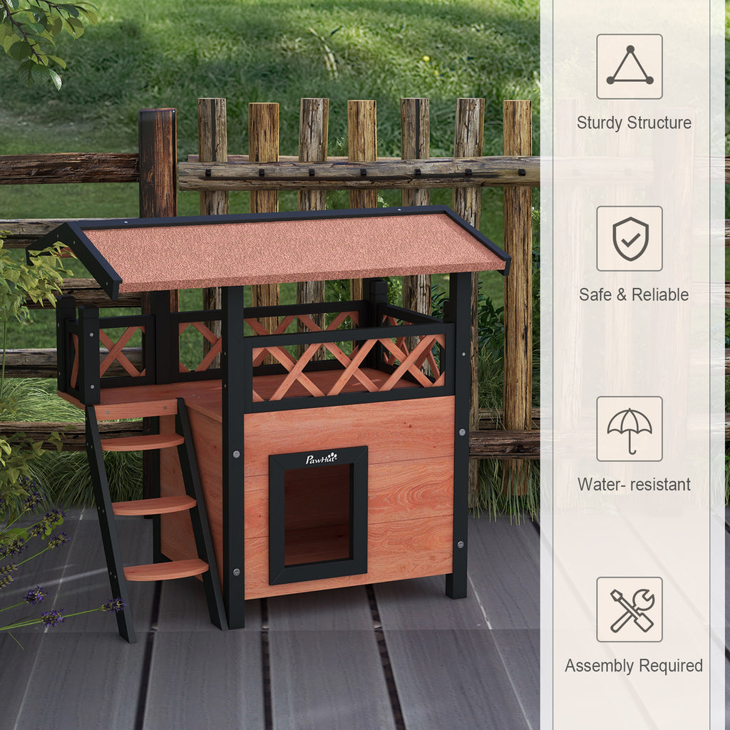 Outdoor Cat House Kitten Shelter Puppy Kennel with Balcony Stairs Asphalt Roof, 77 x 50 x 73 cm