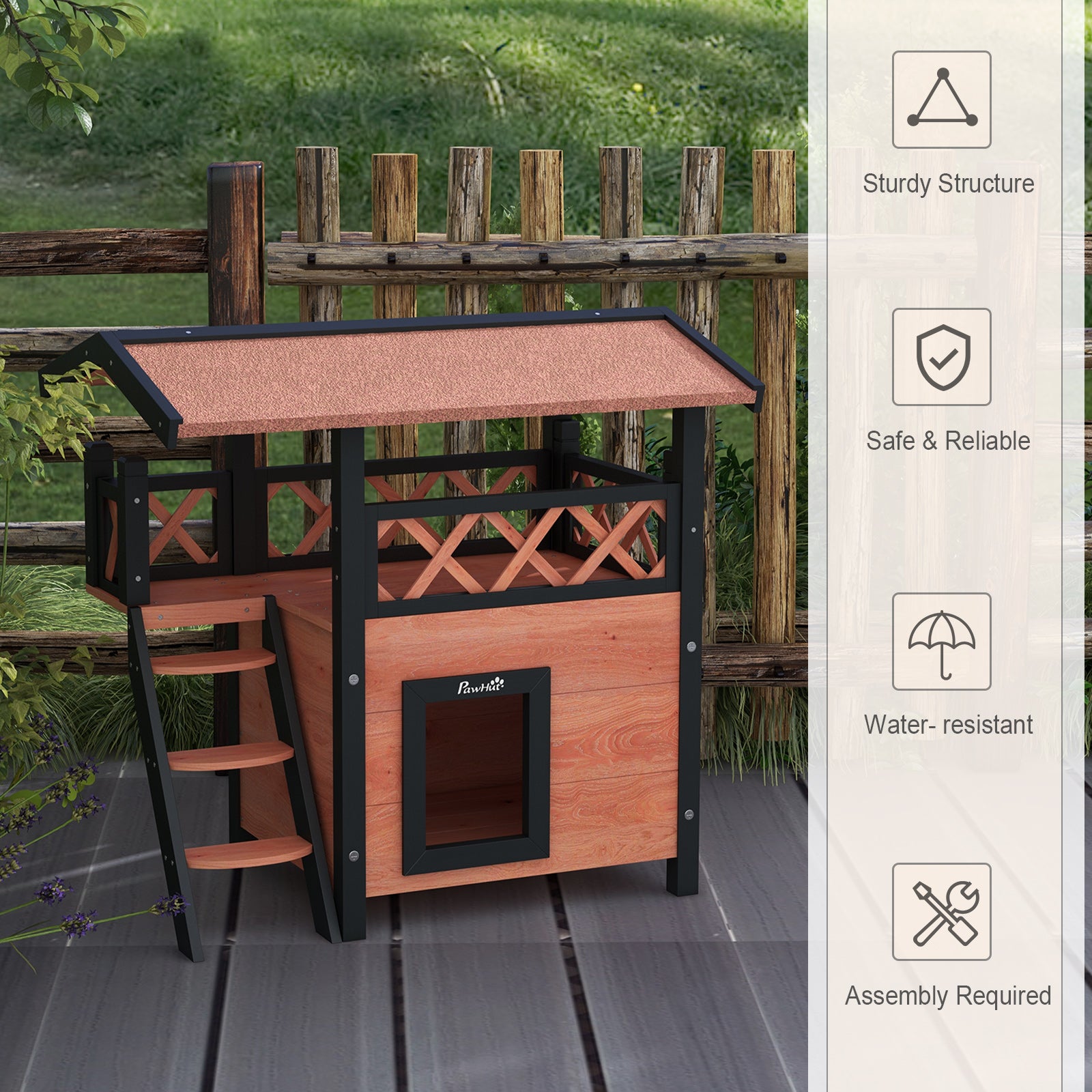 Outdoor Cat House Kitten Shelter Puppy Kennel with Balcony Stairs Asphalt Roof, 77 x 50 x 73 cm