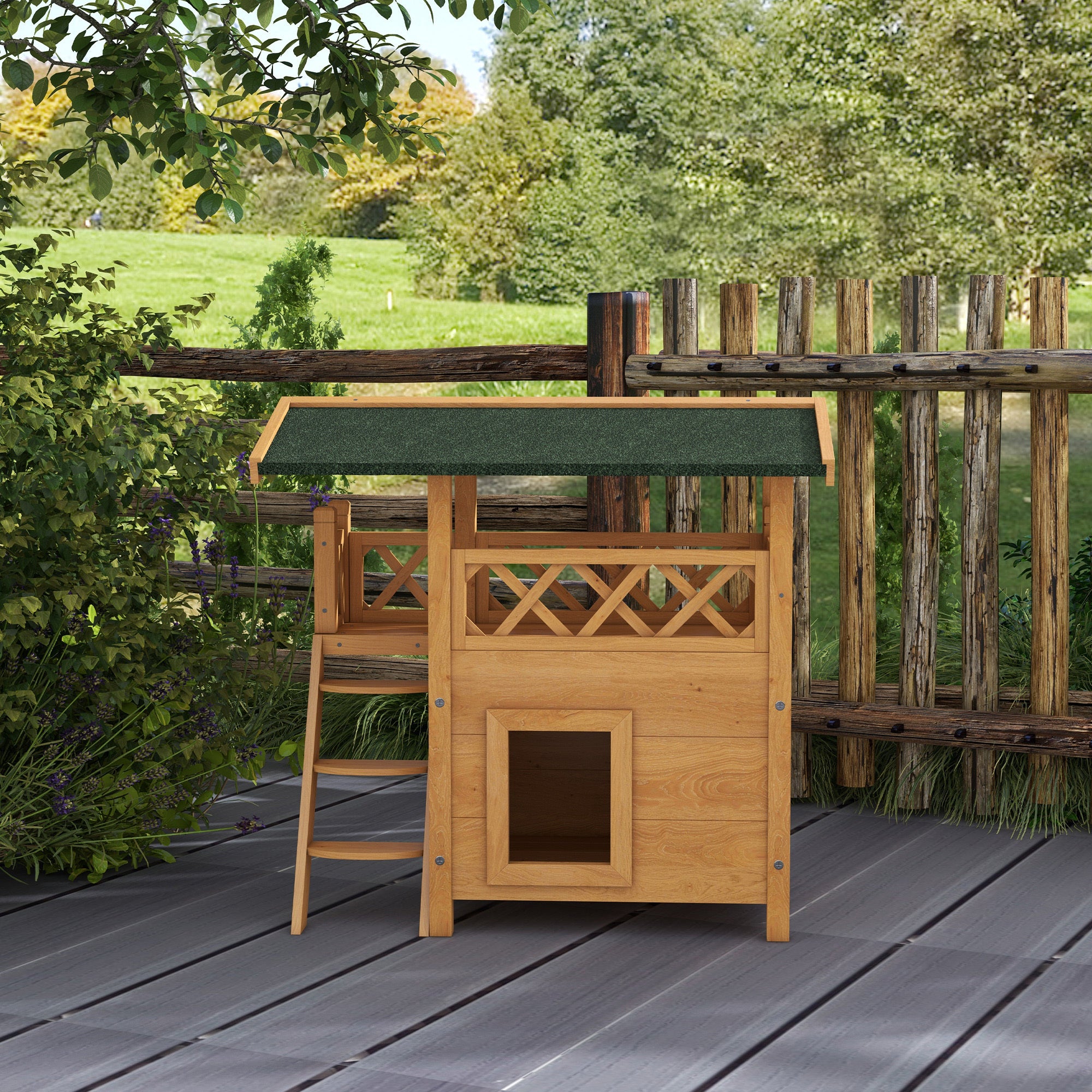 Outdoor Cat House Kitten Shelter Puppy Kennel with Balcony Stairs Asphalt Roof, 77 x 50 x 73 cm
