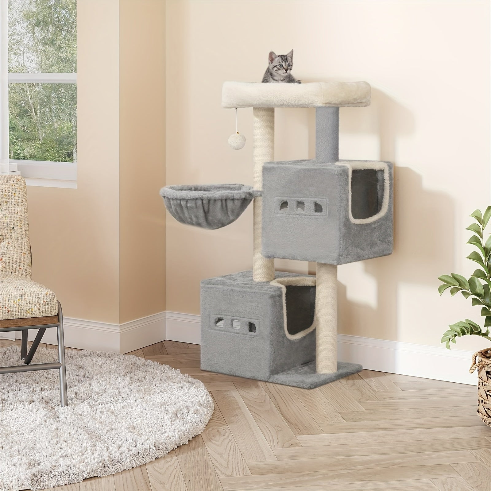 Hzuaneri 98cm Cat Scratching Post, Cat Tree, Kitten Scratching Post, Multi-layer Cat Scratching Post with Perches, Cat House Furniture with 2 Caves, Hemp Cat Scratching Post, Hammock, Cave, Dark Gray/Light Gray