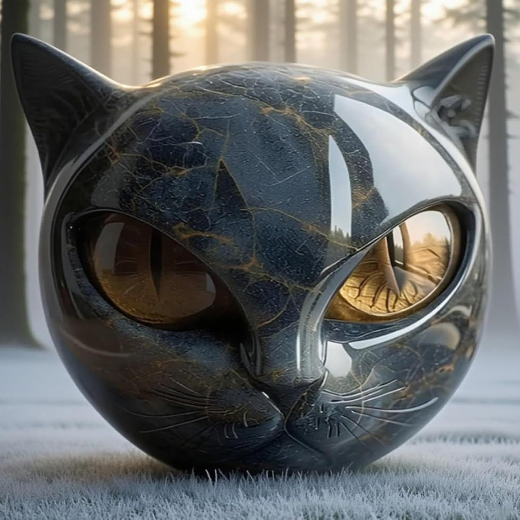 1pc Hand-Carved Resin Black Cat Stone Sculpture - Elegant Marble-Like Texture with Golden Marble Eyes, Intricate Feline Face & Expressive Eyes, Mini Cat Figurine for Home Decor, Gift for Cat Lovers (No Electricity Needed) - D