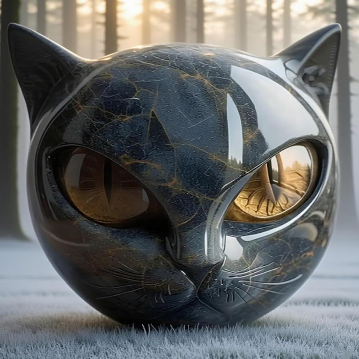 1pc Hand-Carved Resin Black Cat Stone Sculpture - Elegant Marble-Like Texture with Golden Marble Eyes, Intricate Feline Face & Expressive Eyes, Mini Cat Figurine for Home Decor, Gift for Cat Lovers (No Electricity Needed) - D