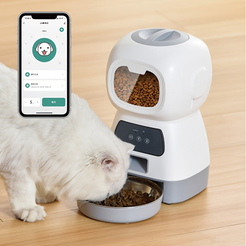 PLAY PETTY 118.35oz Smart Pet Feeder for Cats, 2.4Ghz WiFi Enabled, Battery/USB Dual Power, 10-Second Voice Recording, Feeds 1-4 Times Daily, Target Species: Cat, Without Battery