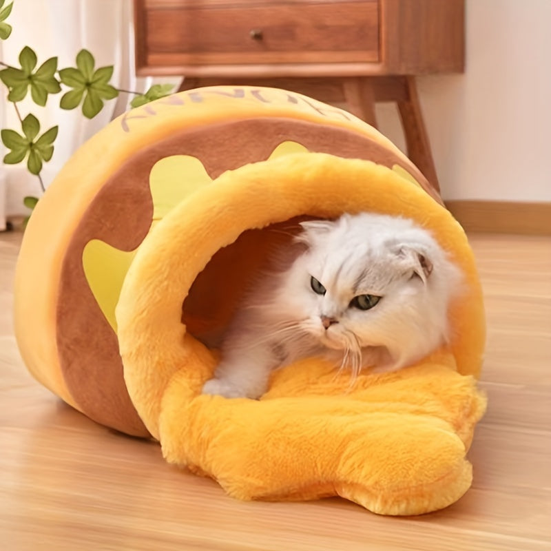 Cozy Semi-Enclosed Thermal Soft Pet Cave Nest - Honey Pot Design Cat Bed with Removable Cushion Mat for Indoor Cats and Dogs