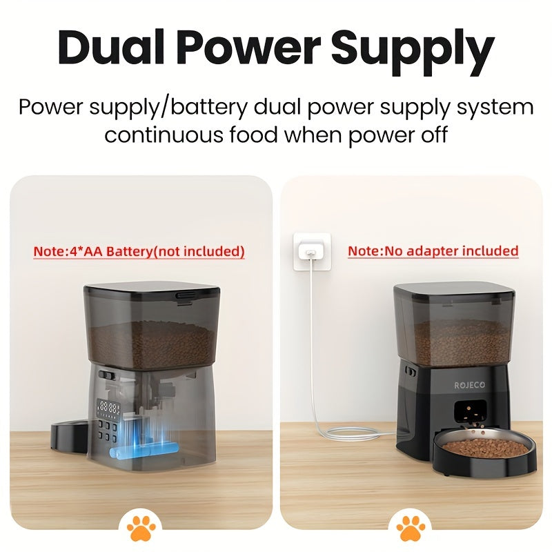 ROJECO Automatic Cat Food Dispenser, 2L Auto Cat Feeder, Timed Cat Feeder Program 1-6 Meals Control, Automatic Cat Feeder With Stainless Steel Bowl & Dual Power Supply, Automatic Pet Feeder For Cats & Dogs, No Adapter Include