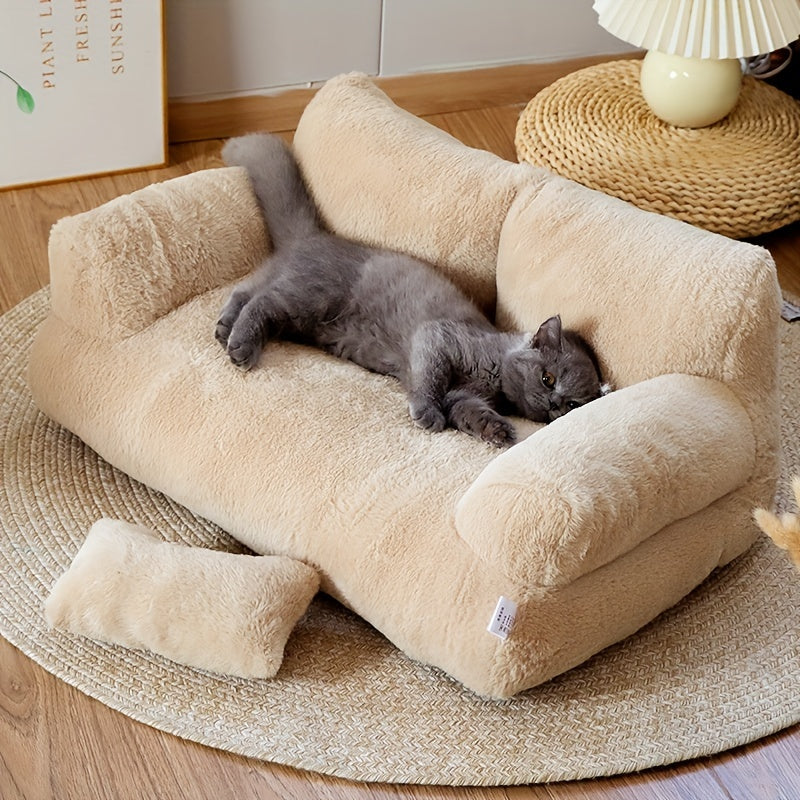Luxurious Beige Plush Cat Bed - Ultra-Soft, Warm Sofa for Cats with Non-Slip Base & Detachable Cover - Ideal for Snoozing & Relaxing, Easy to Clean, Polyester Fill - Perfect Pet Lounger for Kittens & Cats, Kitten Bed