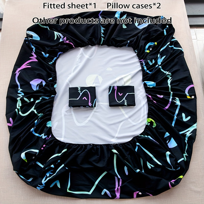 3pcs Novel Cute Cat Fitted Sheet Set, Dustproof Non-slip All Season Mattress Protector, Soft Comfortable Breathable Bedding Set With Deep Pocket, For Bedroom Guest Room Decor (1* Fitted Sheet + 2*Pillowcases, Without Core)